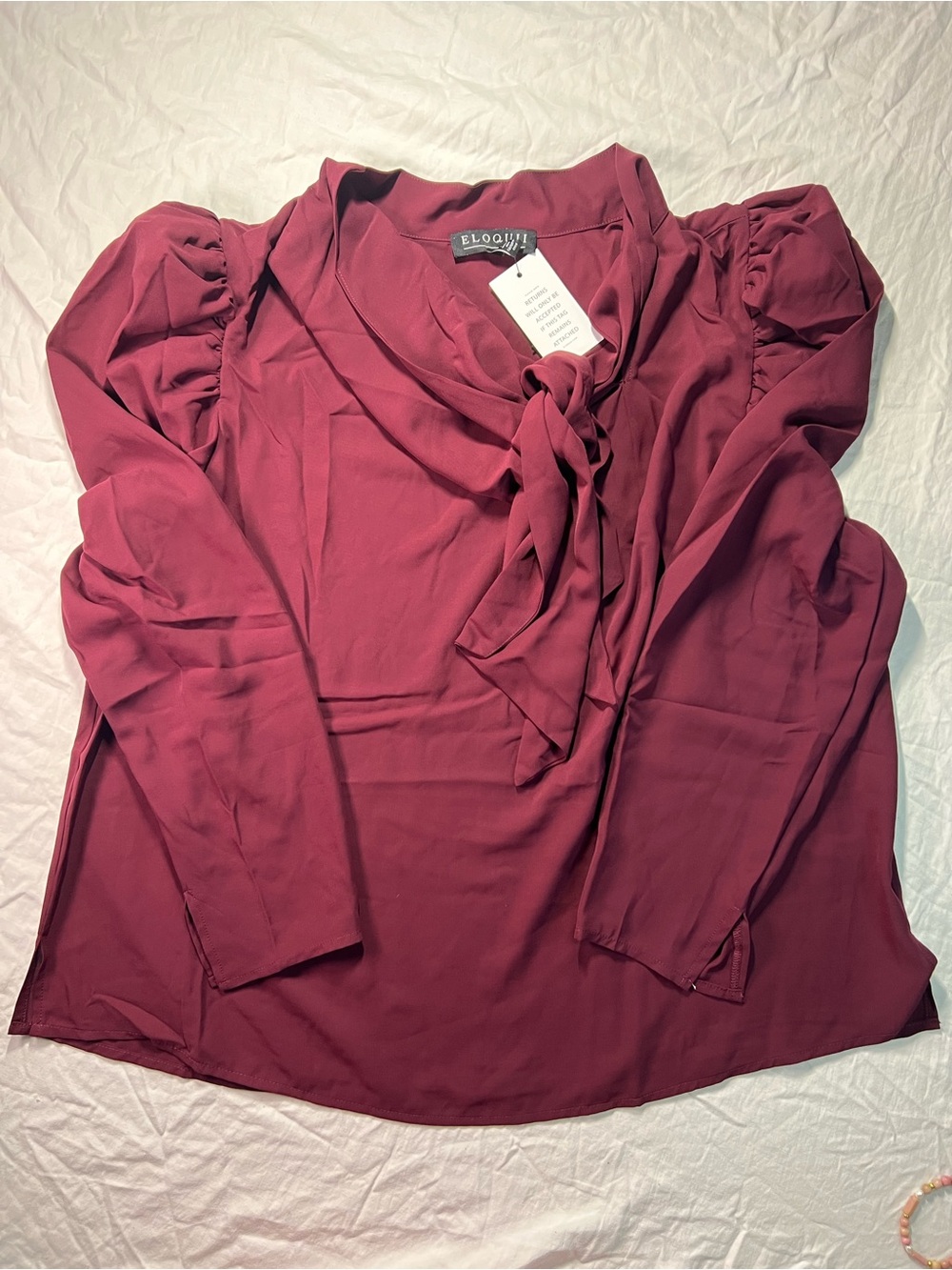 Eloquii Wine Tie-Neck Blouse with Puff Shoulders